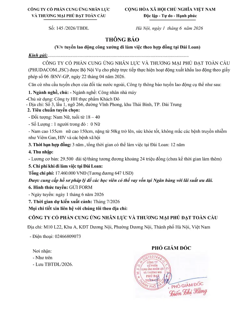 Thông báo tuyển lao động đi làm việc tại thị trường nước ngoài tháng 6 & tháng 7 năm 2026