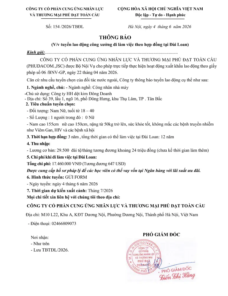 Thông báo tuyển lao động đi làm việc tại thị trường nước ngoài tháng 6 & tháng 7 năm 2026
