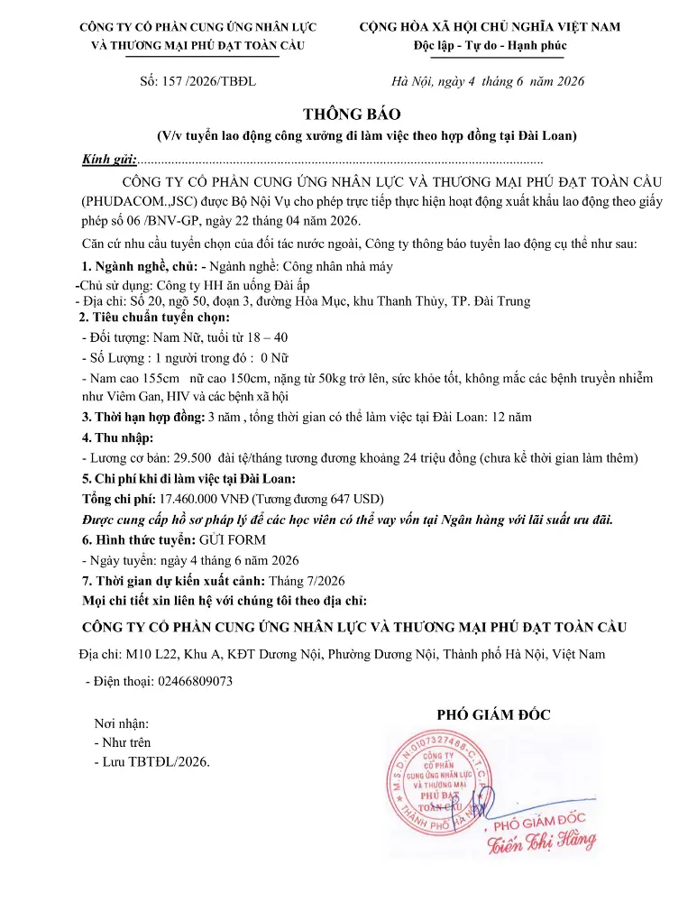 Thông báo tuyển lao động đi làm việc tại thị trường nước ngoài tháng 6 & tháng 7 năm 2026