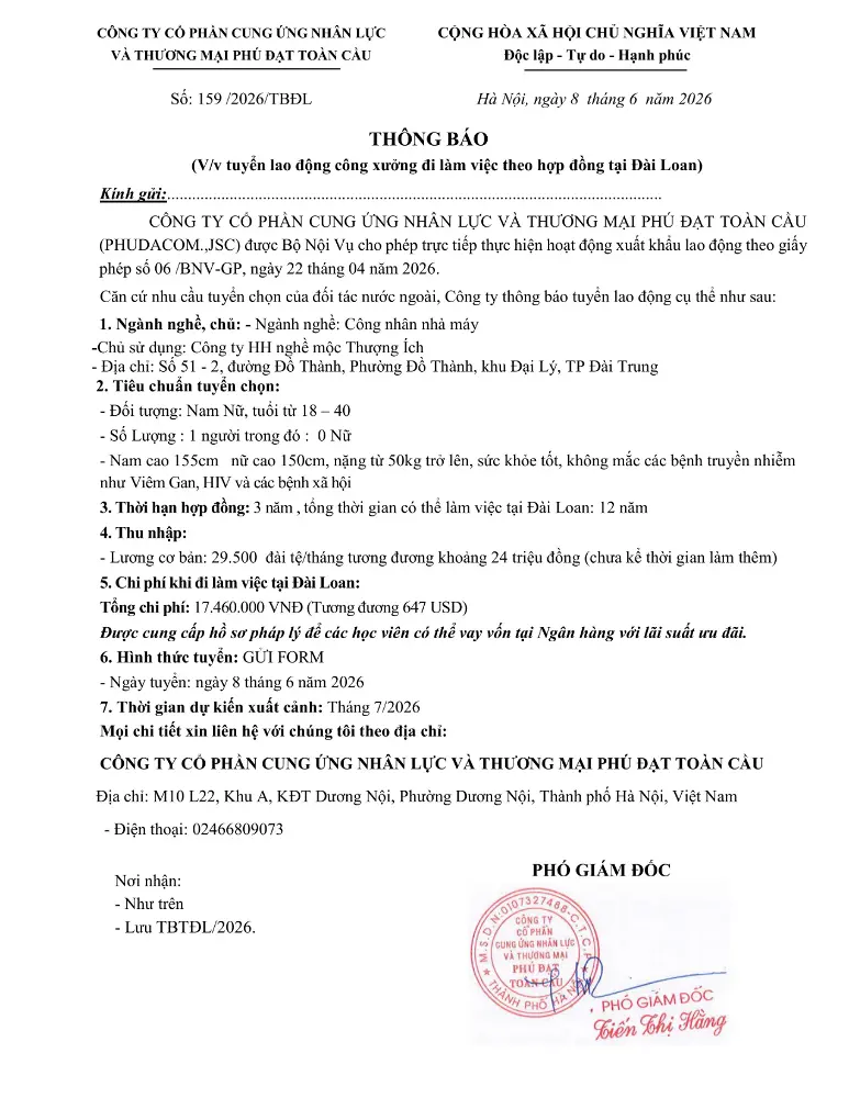 Thông báo tuyển lao động đi làm việc tại thị trường nước ngoài tháng 6 & tháng 7 năm 2026