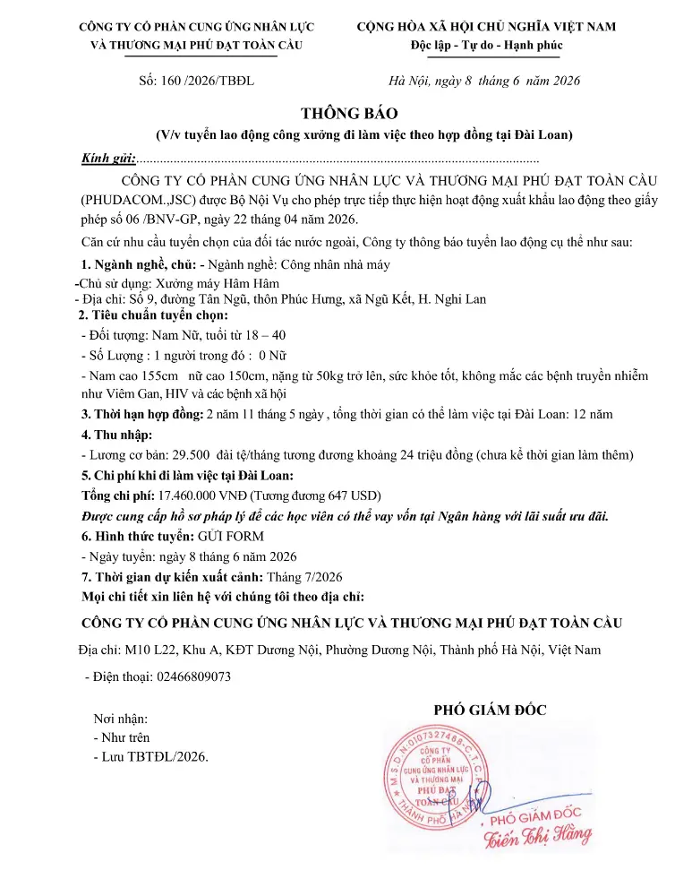 Thông báo tuyển lao động đi làm việc tại thị trường nước ngoài tháng 6 & tháng 7 năm 2026