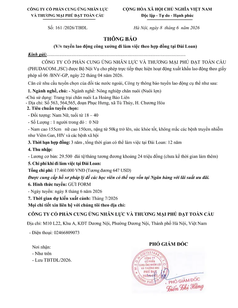Thông báo tuyển lao động đi làm việc tại thị trường nước ngoài tháng 6 & tháng 7 năm 2026
