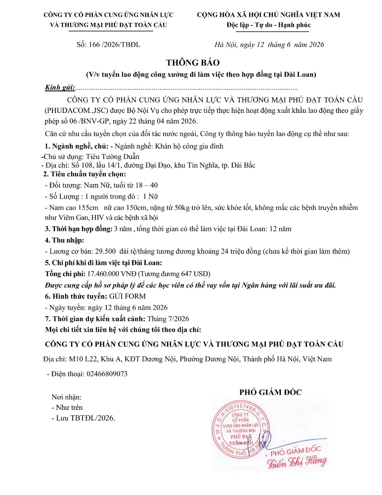 Thông báo tuyển lao động đi làm việc tại thị trường nước ngoài tháng 6 & tháng 7 năm 2026