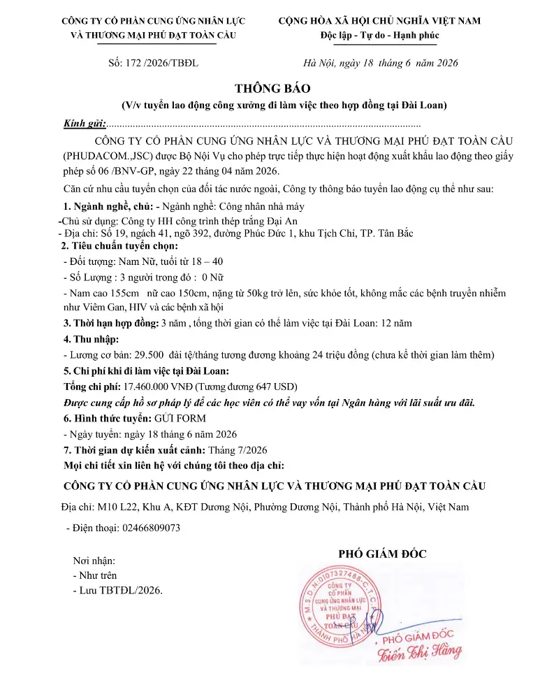 Thông báo tuyển lao động đi làm việc tại thị trường nước ngoài tháng 6 & tháng 7 năm 2026