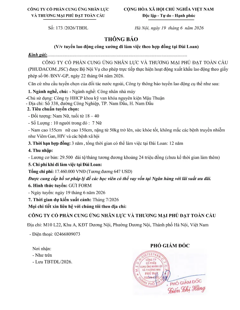 Thông báo tuyển lao động đi làm việc tại thị trường nước ngoài tháng 6 & tháng 7 năm 2026