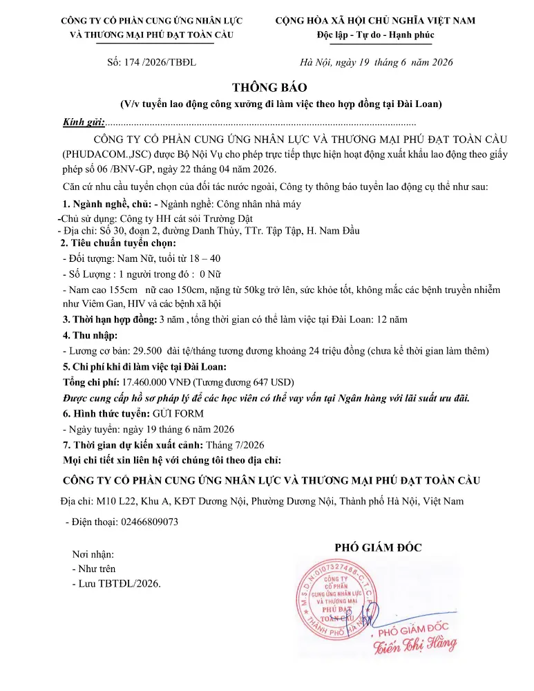 Thông báo tuyển lao động đi làm việc tại thị trường nước ngoài tháng 6 & tháng 7 năm 2026