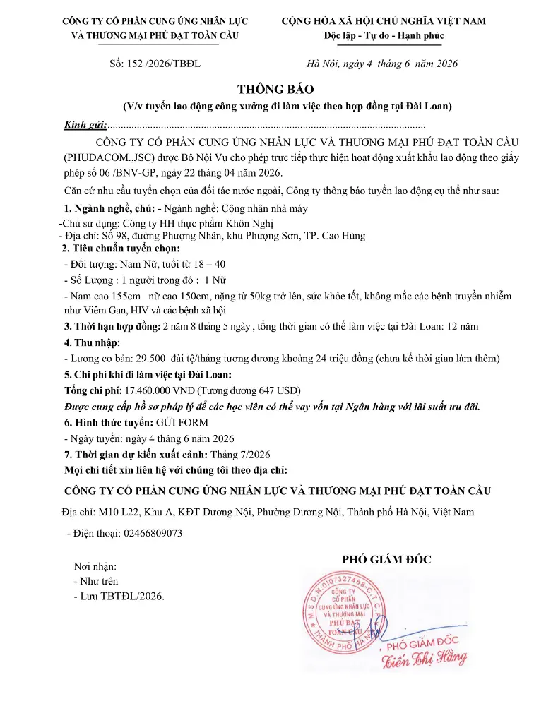 Thông báo tuyển lao động đi làm việc tại thị trường nước ngoài tháng 6 & tháng 7 năm 2026