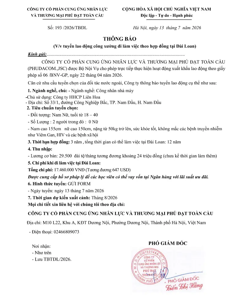 Thông báo tuyển lao động đi làm việc tại thị trường nước ngoài tháng 6 & tháng 7 năm 2026