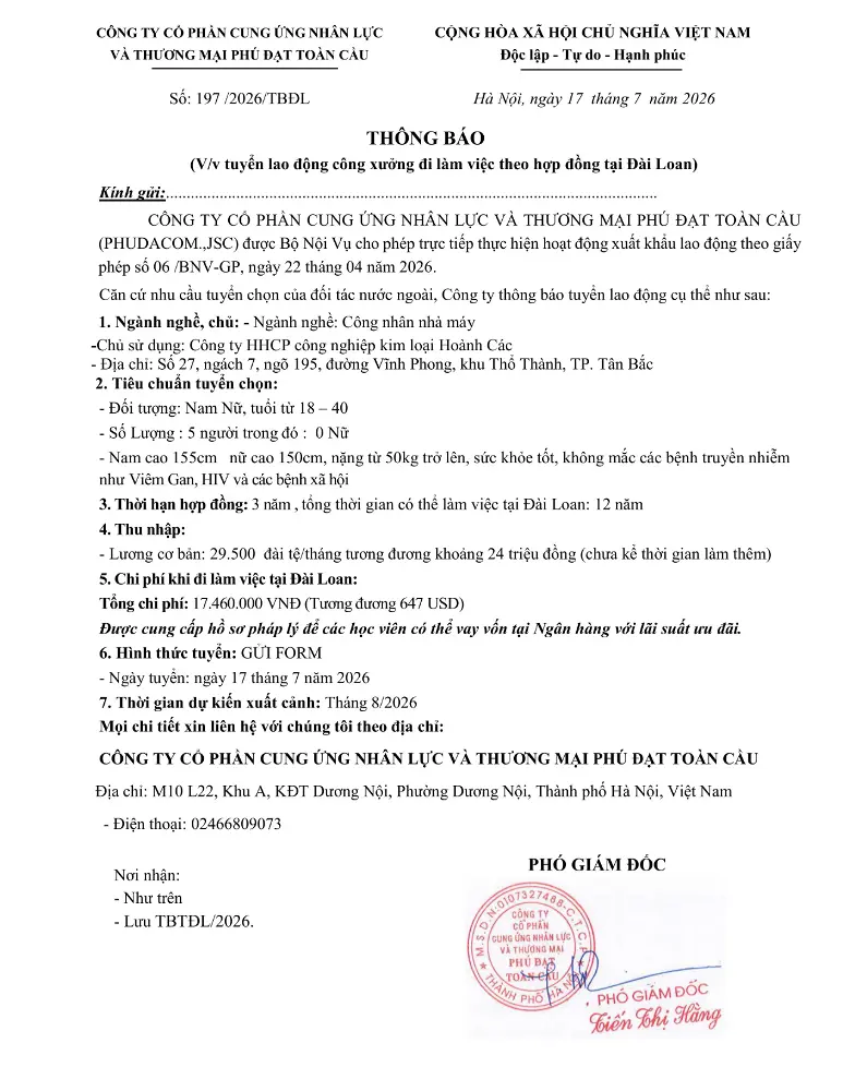 Thông báo tuyển lao động đi làm việc tại thị trường nước ngoài tháng 6 & tháng 7 năm 2026