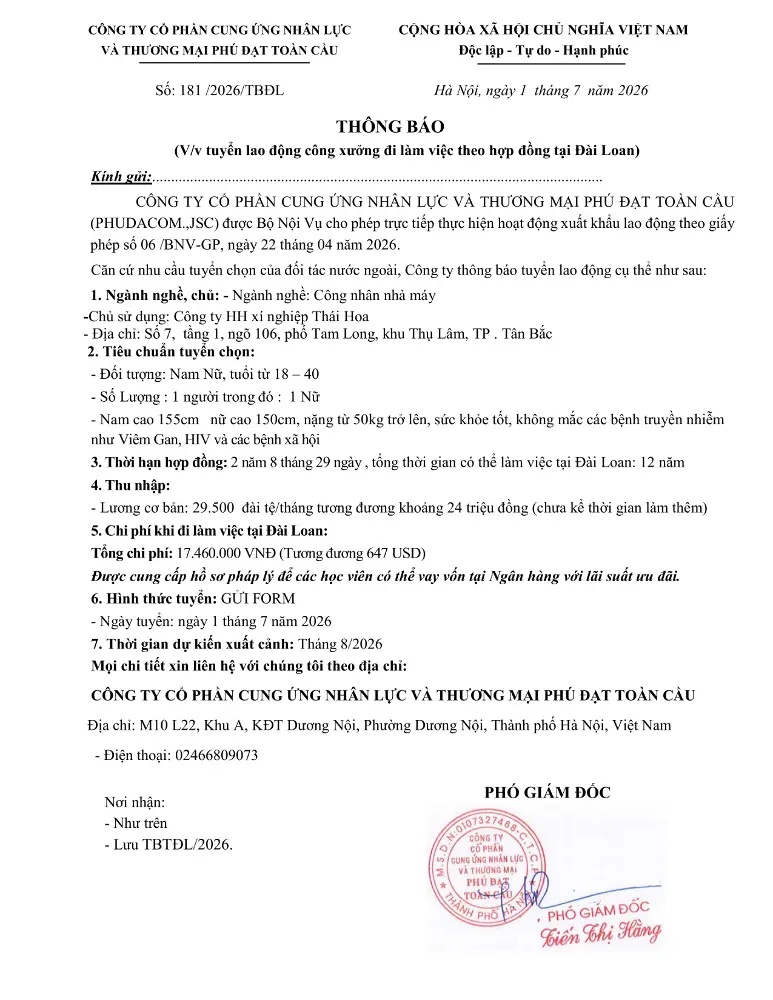 Thông báo tuyển lao động đi làm việc tại thị trường nước ngoài tháng 6 & tháng 7 năm 2026