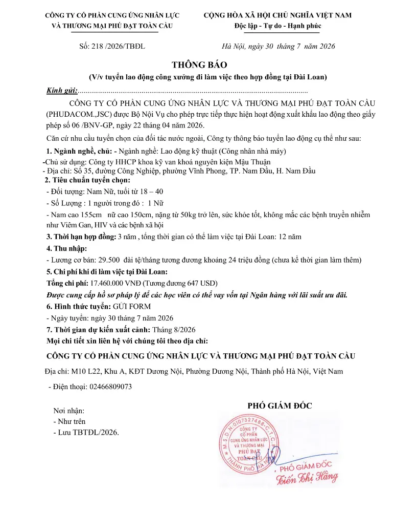 Thông báo tuyển lao động đi làm việc tại thị trường nước ngoài tháng 6 & tháng 7 năm 2026