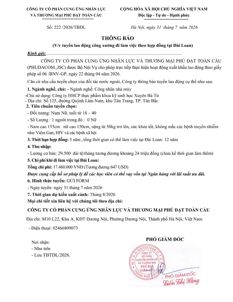 Thông báo tuyển lao động đi làm việc tại thị trường nước ngoài tháng 6 & tháng 7 năm 2026