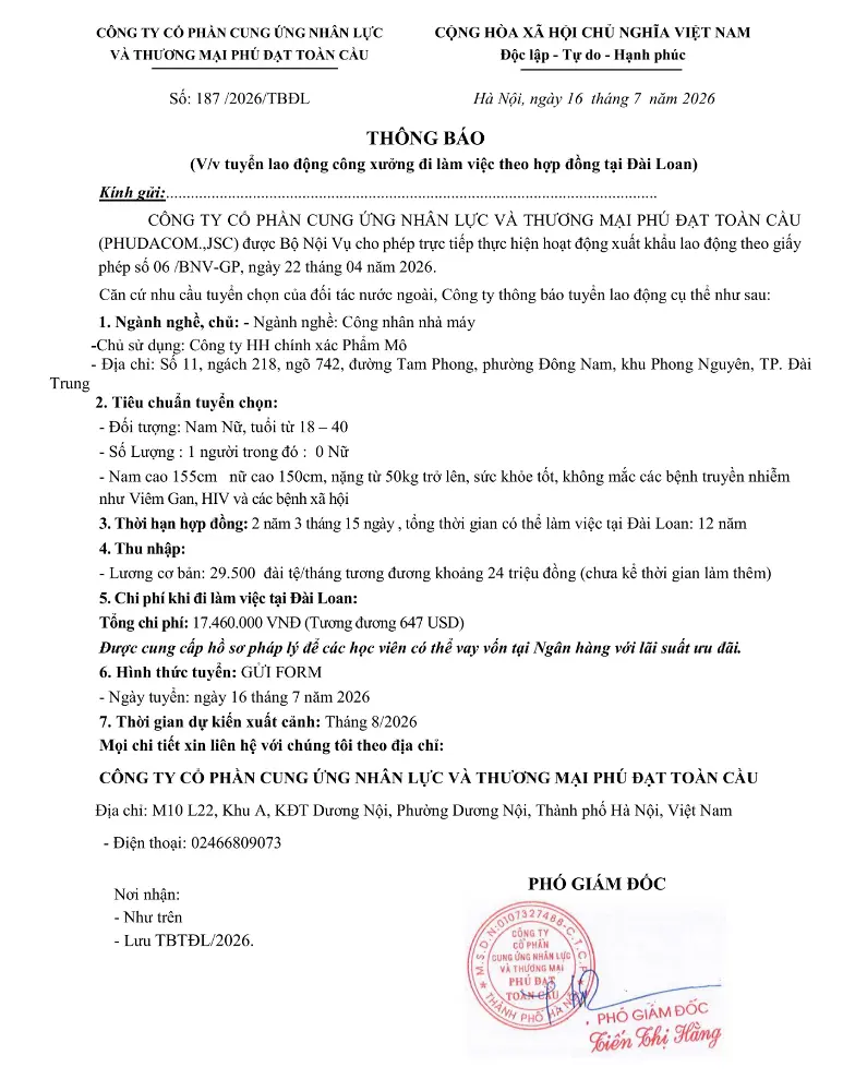 Thông báo tuyển lao động đi làm việc tại thị trường nước ngoài tháng 6 & tháng 7 năm 2026